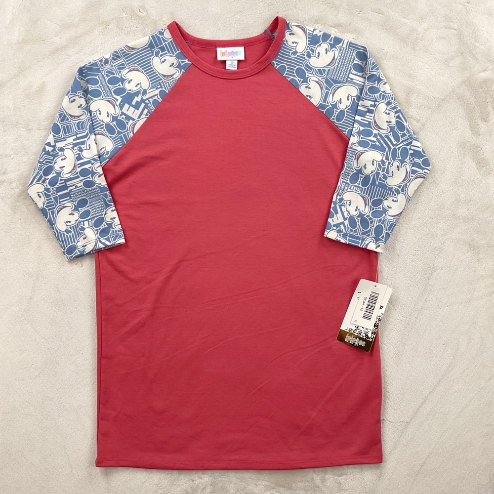 LuLaRoe Disney Sloan Mickey Mouse Raglan Tee Red Blue Kids Size 12 NWT